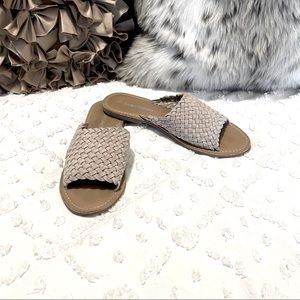 Leather Collection Tan Beige Taupe Woven Suede Leather Flat Mule Slide Sandals